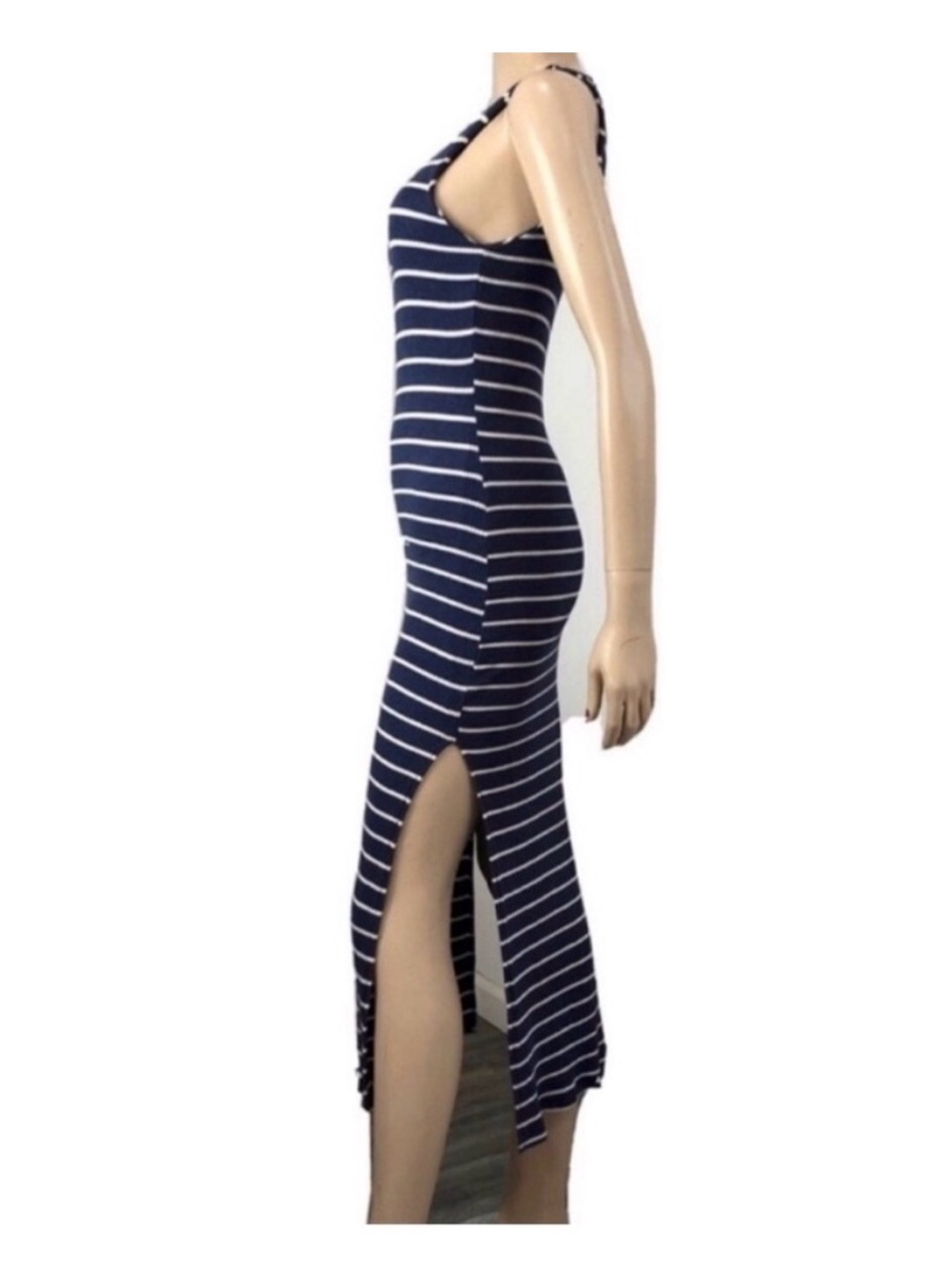 Lucy Love Navy and White Striped Maxi Tank Dress with High Side Slit